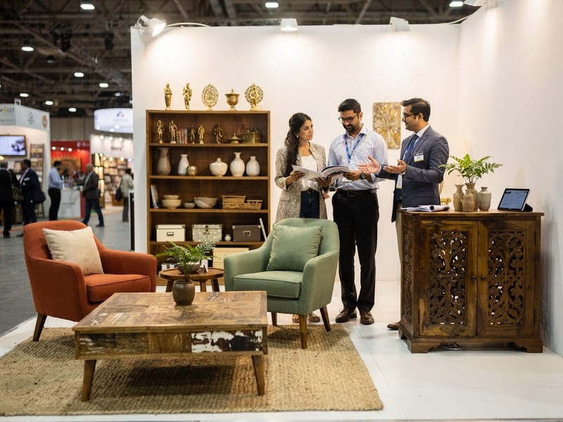 Furniture exporter's stand at a home furnishings trade fair, buyers talking with the team