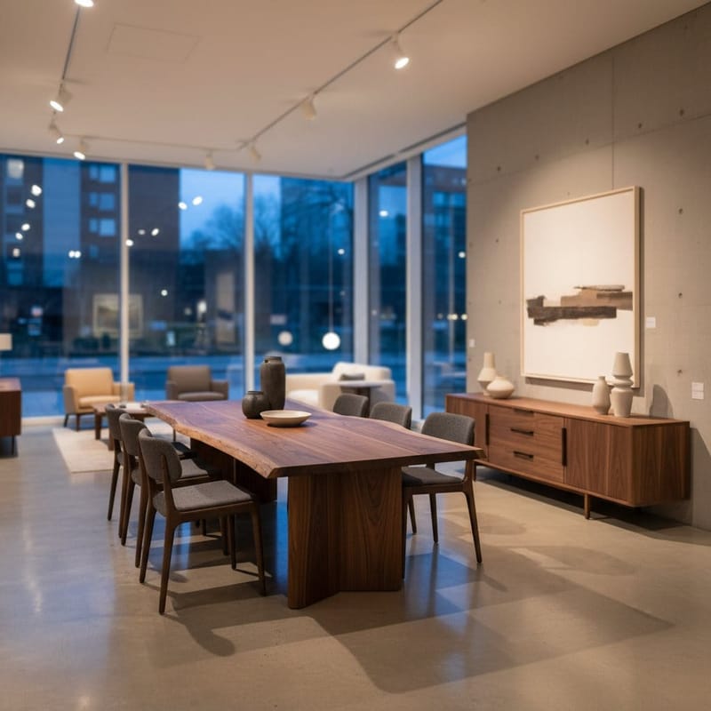 Showroom with metal and wood pieces