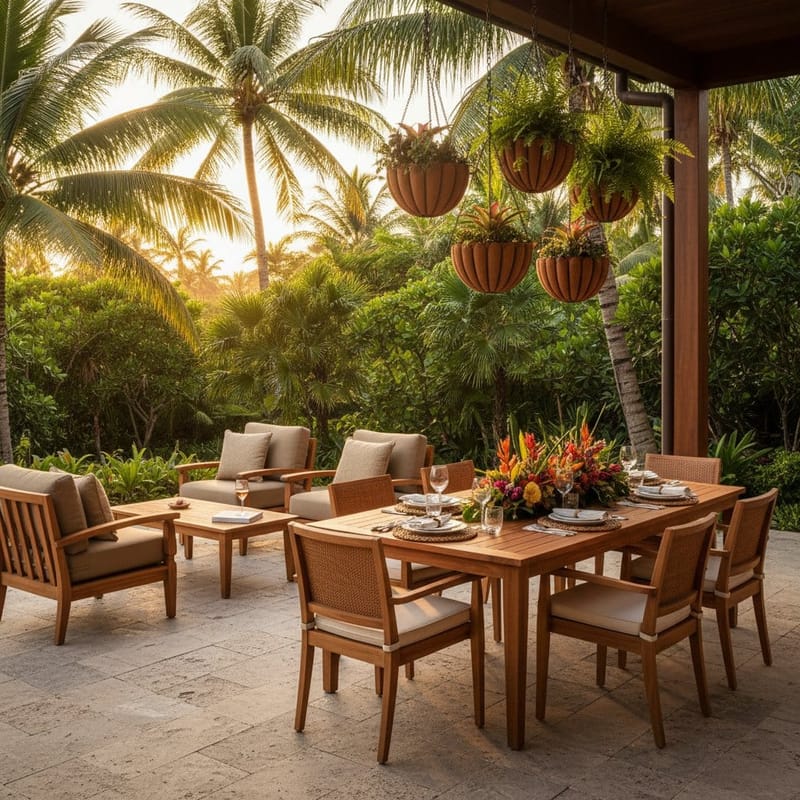 Terrace furnished with brass planters and a lounge chair