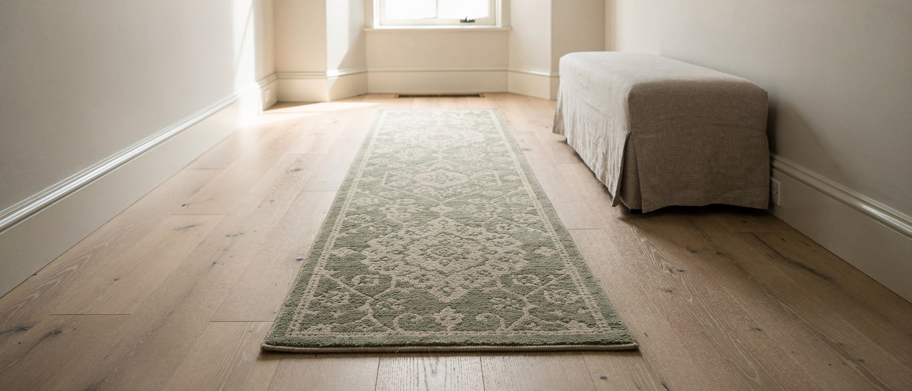 A hand-tufted wool runner in a custom sage colorway laid along a bright hallway, rendered
