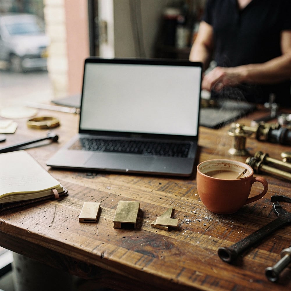 An exporter’s desk after the fair: laptop, sample pieces and a notebook of buyer names, rendered