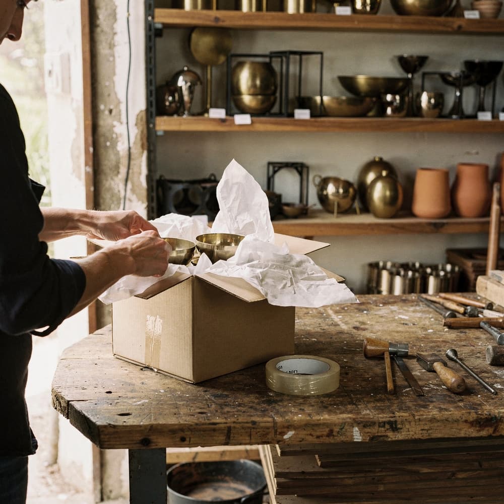 Samples being packed in tissue and export cartons at a metal décor workshop, rendered
