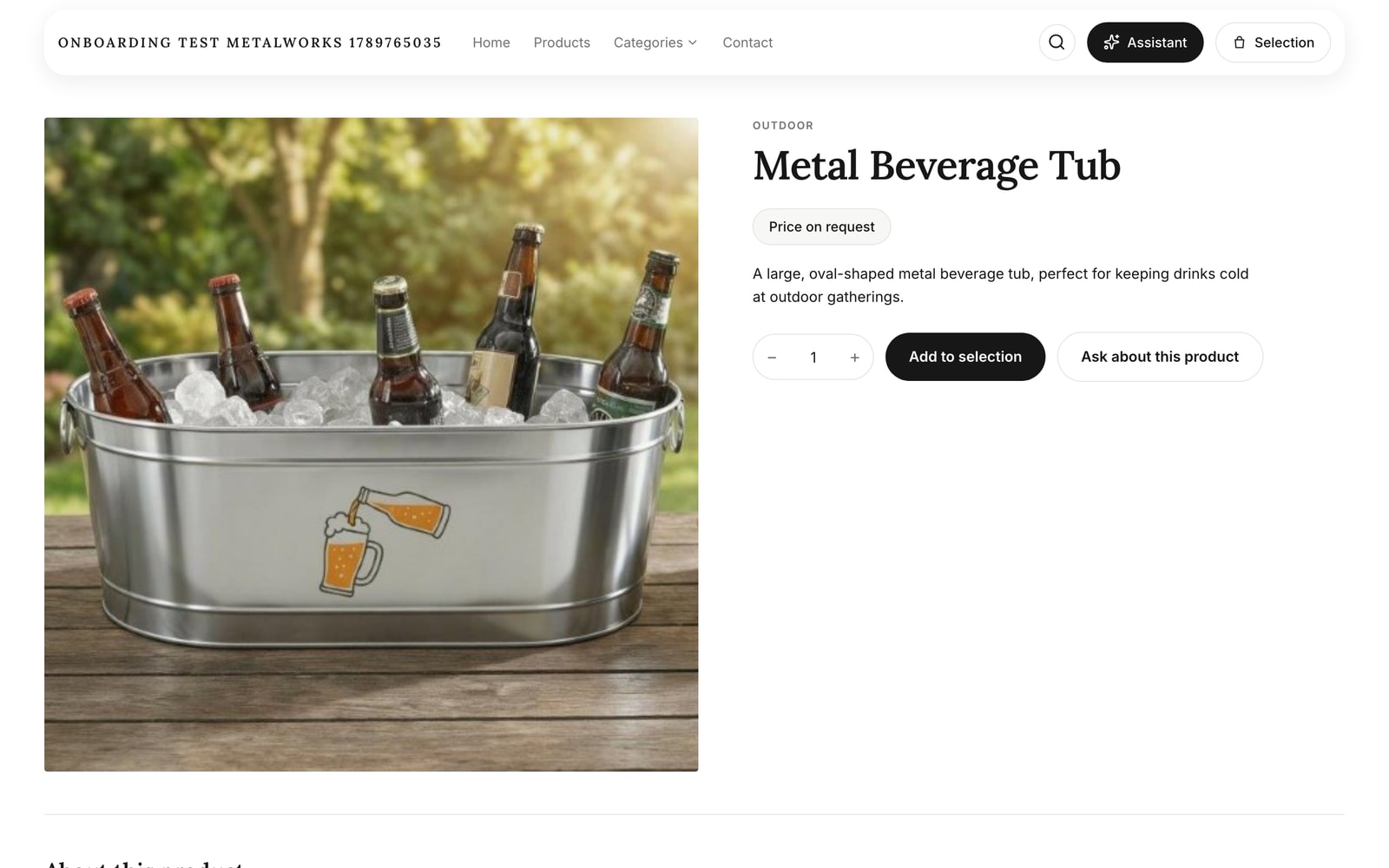 A product page in the digital booth: photo, quantity, add to selection, ask about this product, price on request