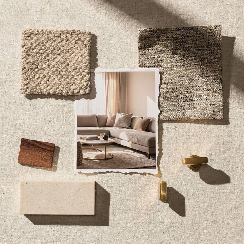 Room-story board: a living-room print with fabric swatches and a walnut chip pinned around it, rendered
