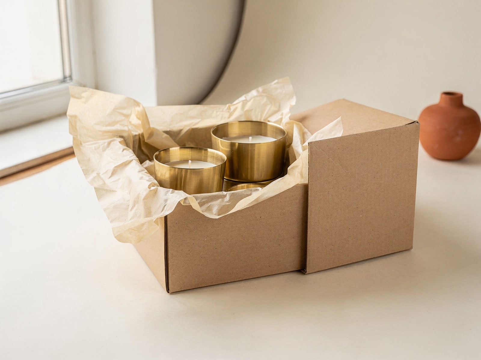 A boxed gift set of three small brass candle holders in a plain kraft box, rendered