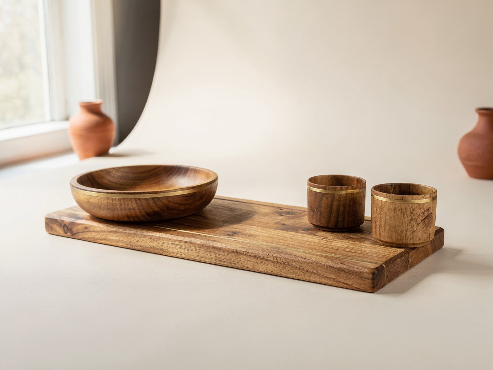 Mango-wood serveware in a natural oiled finish with a brass rim detail, rendered