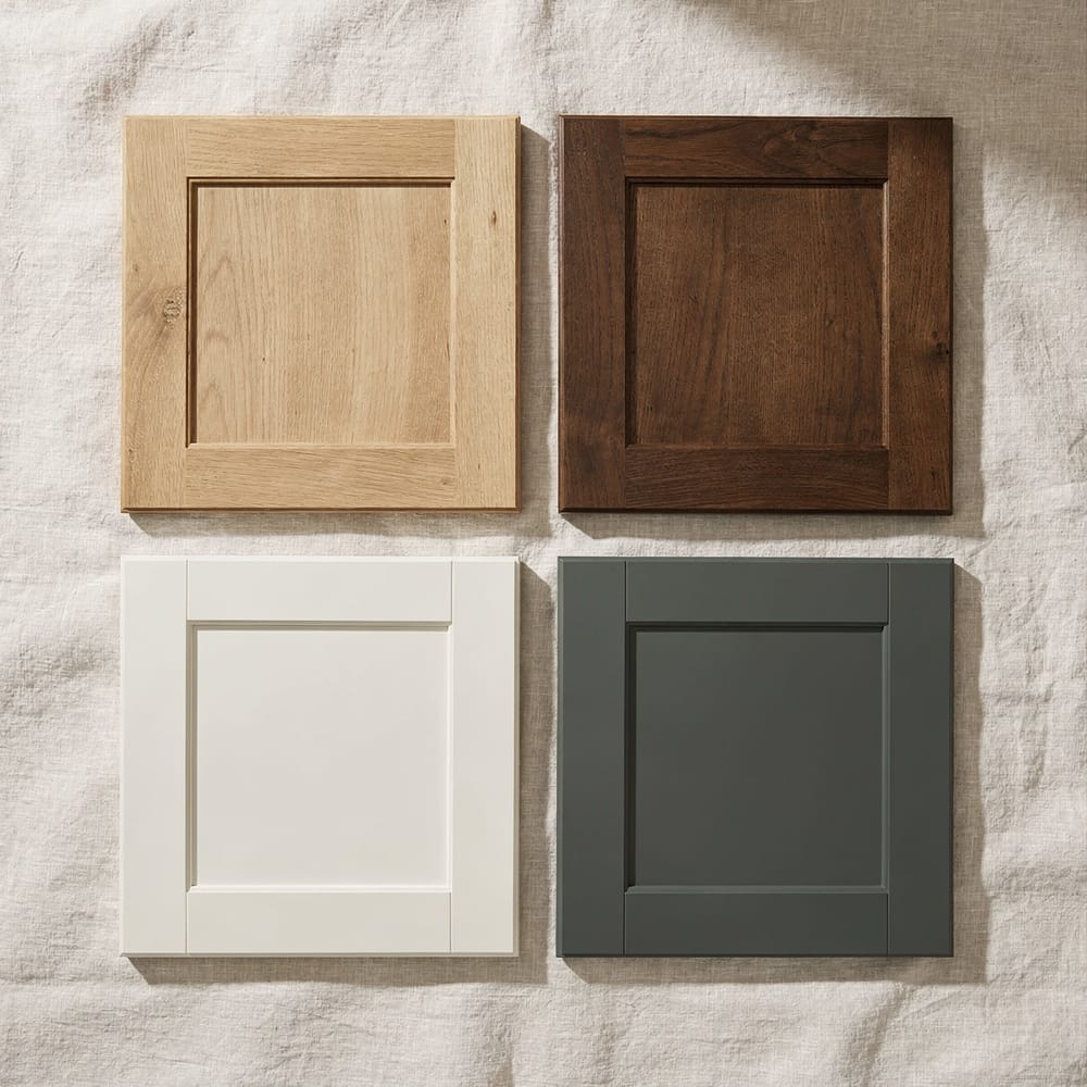 Finish grid: oak, walnut and painted samples of the same door, rendered
