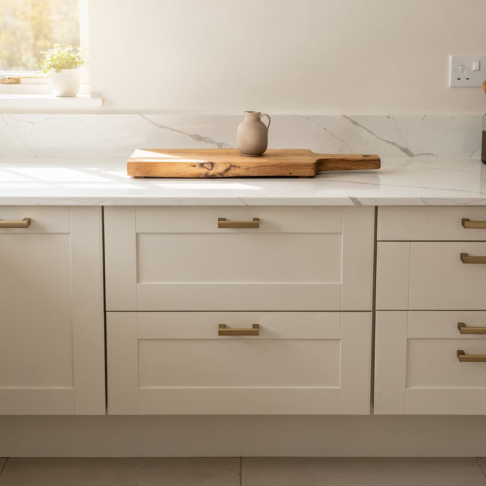 Warm-white shaker kitchen run with brass pulls and a quartz top, rendered