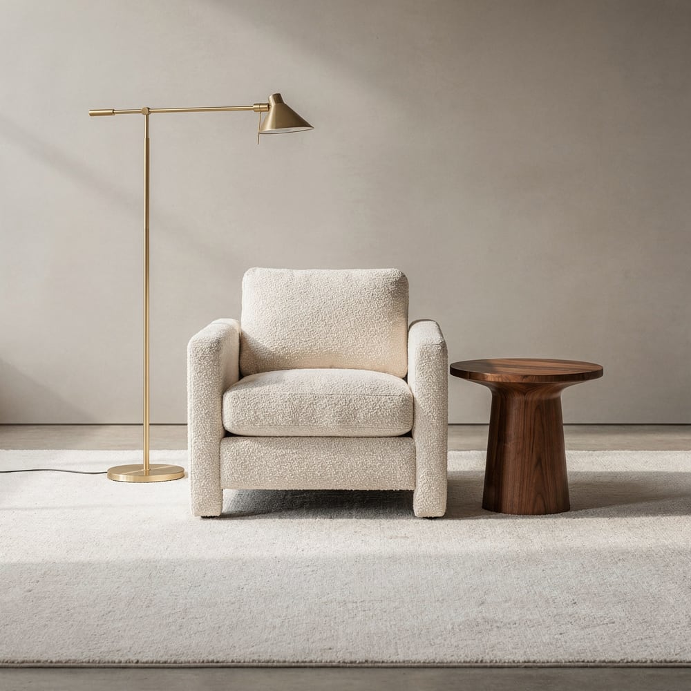 Bouclé lounge chair with a brass floor lamp and walnut side table, rendered