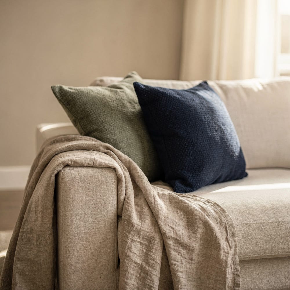 Linen throw and wool cushions in sage and indigo on a sofa arm, rendered
